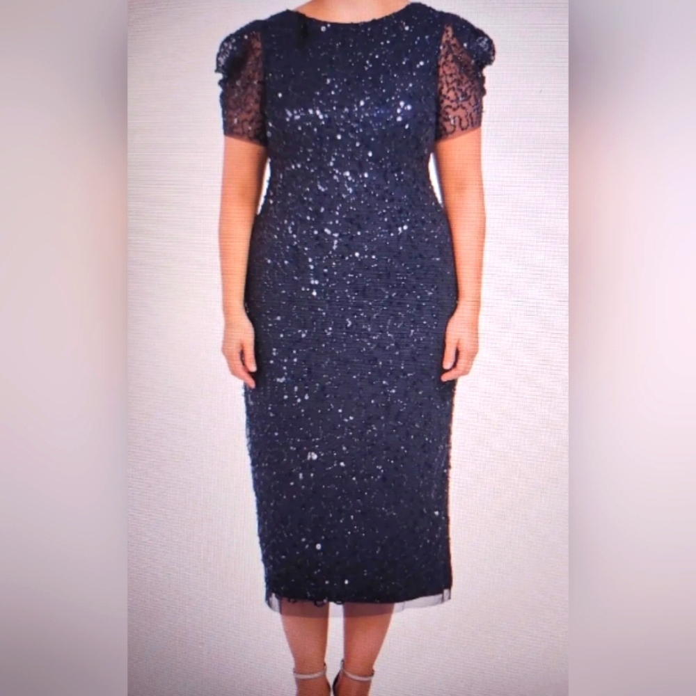 NEW Adrianna Papell Navy Beaded Sequin Plus Size Dress 20W